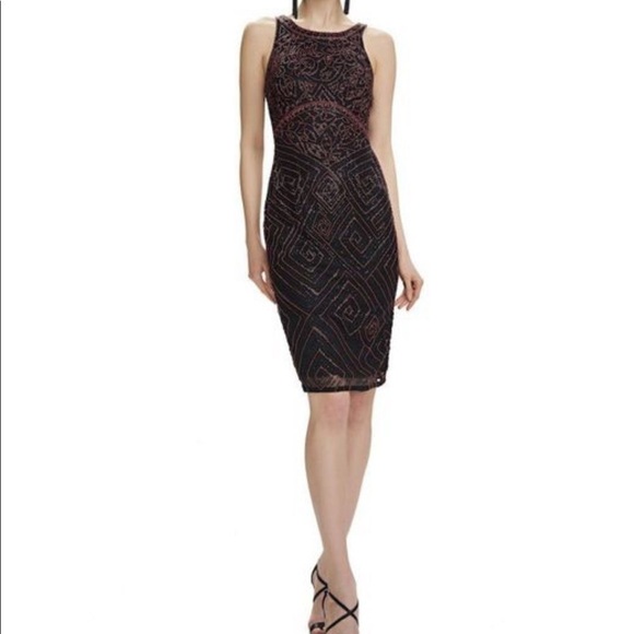 Theia Geometrical Pattern Beaded Cocktail Dress - Picture 1 of 7